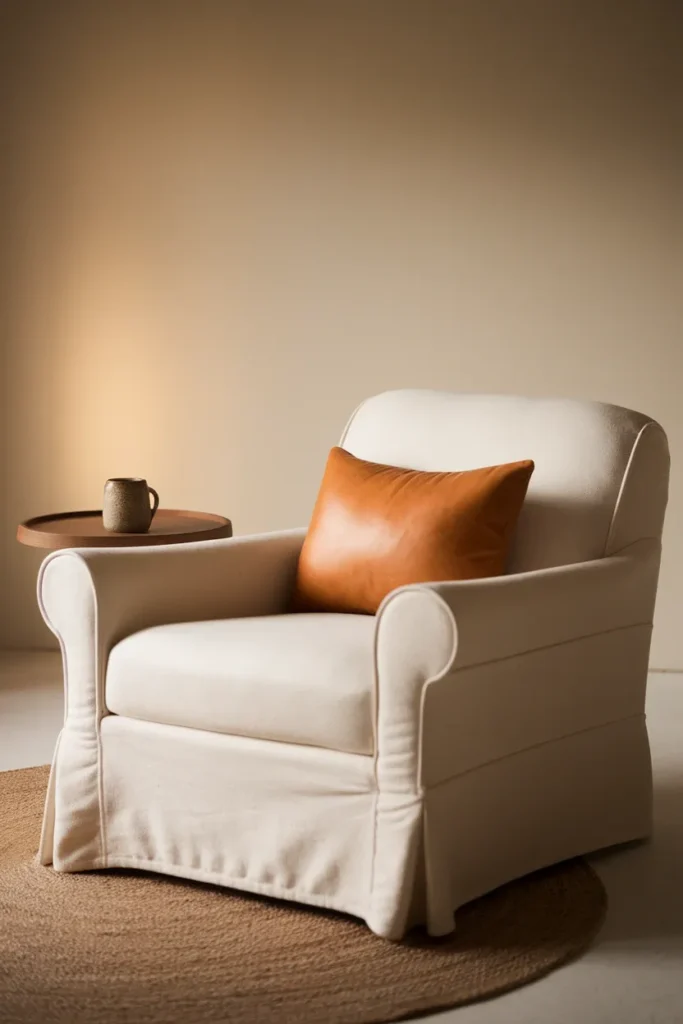 Cream armchair with caramel leather pillow, walnut side table, and jute rug in a neutral corner.