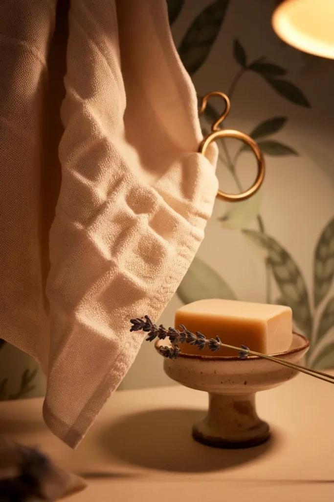 Cream linen towel on a brass ring beside milled soap in a cottage powder room.
