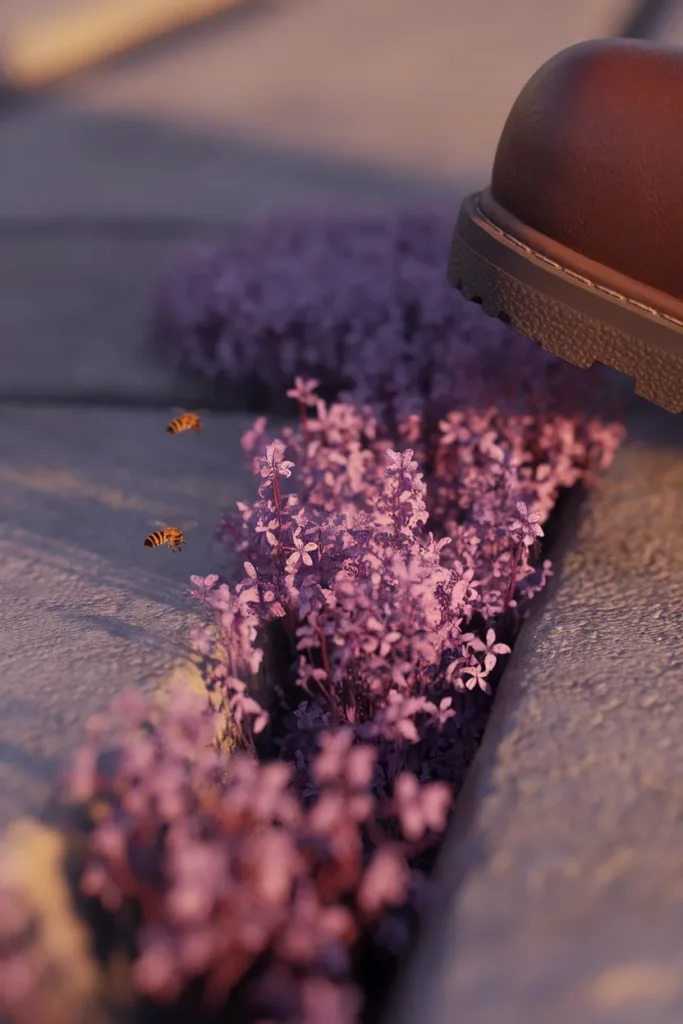 Creeping thyme blooming purple in a flagstone joint with a boot toe stepping alongside.