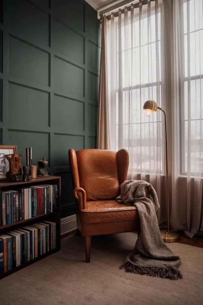 Dark academia home decor corner with green wall, leather armchair, brass floor lamp and full bookcase.