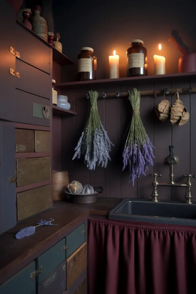 Dark cottagecore kitchen with walnut cabinets, hanging dried herbs and amber apothecary jars.