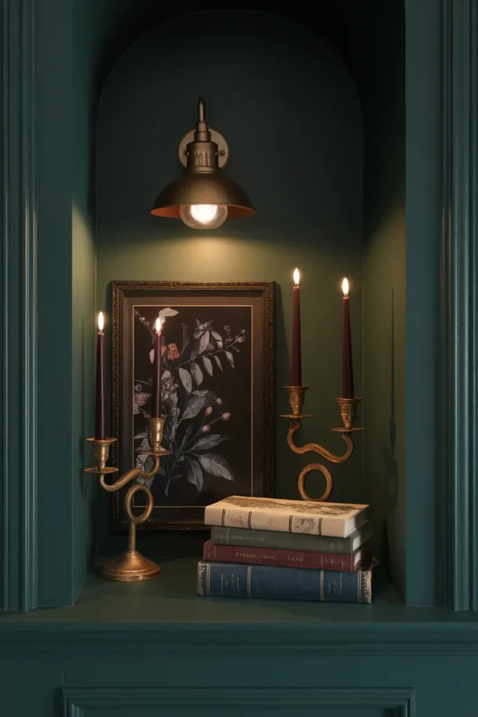 Dark cottagecore shelf with brass candlesticks, oxblood tapers, and a botanical print lit by warm lamplight.