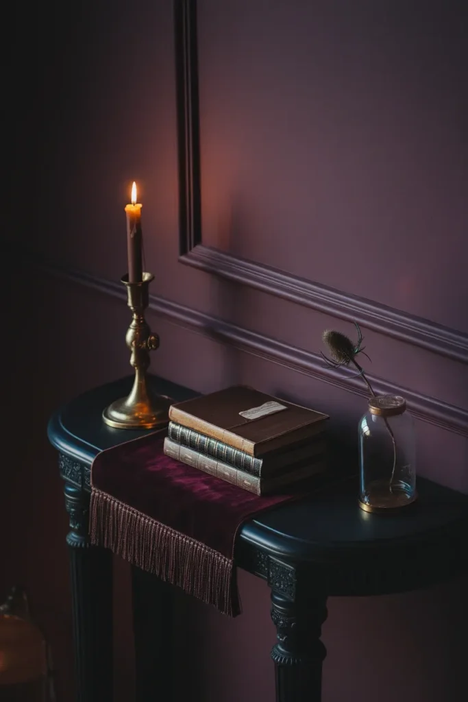 Dark whimsy console styled with brass candlestick, bell jar, and velvet runner against plum wall.