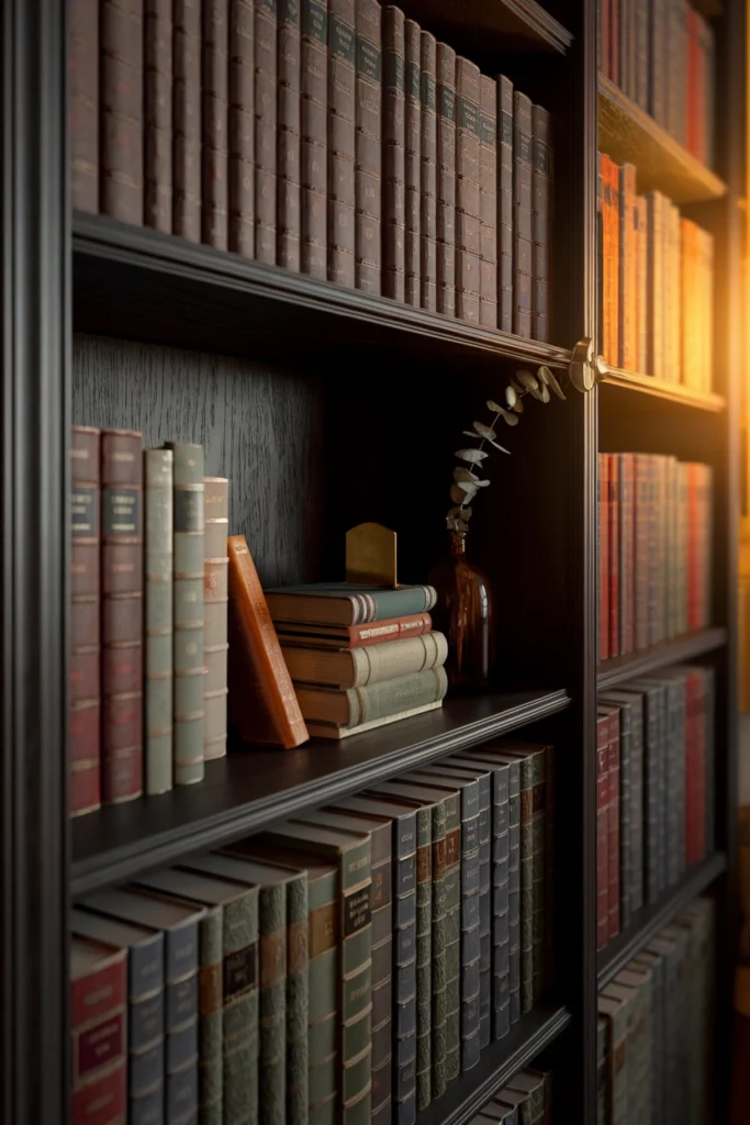 Dark wood bookcase styled with spine-out hardcovers, a brass bookend and dried eucalyptus in amber glass.