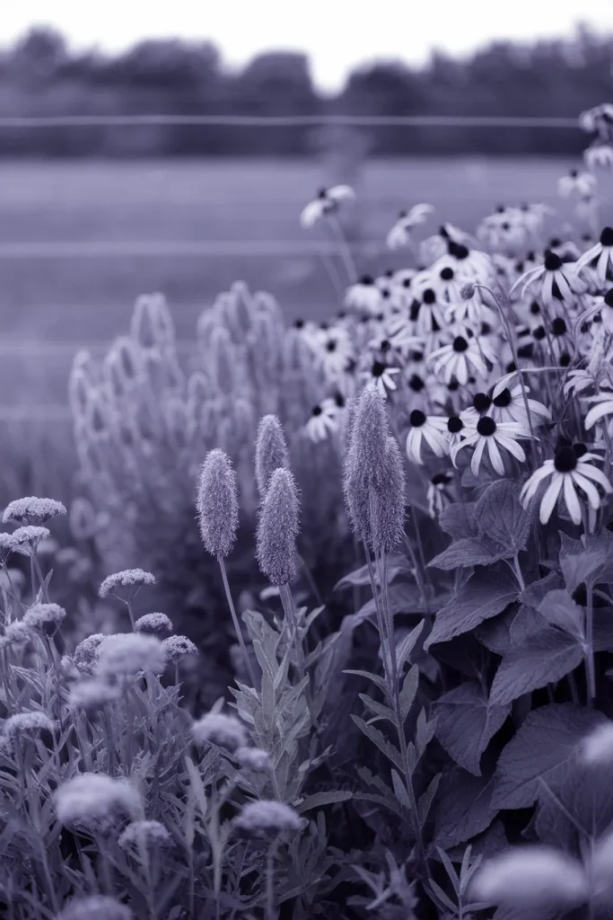 Deer-resistant wildflowers growing together silvery yarrow, lavender wild bergamot and gold black-eyed Susan.
