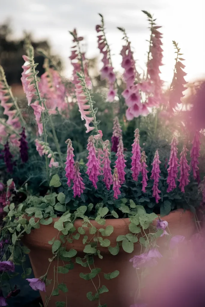 Densely planted terracotta pot with cosmos, salvia, and creeping Jenny spilling over the rim, backlit.
