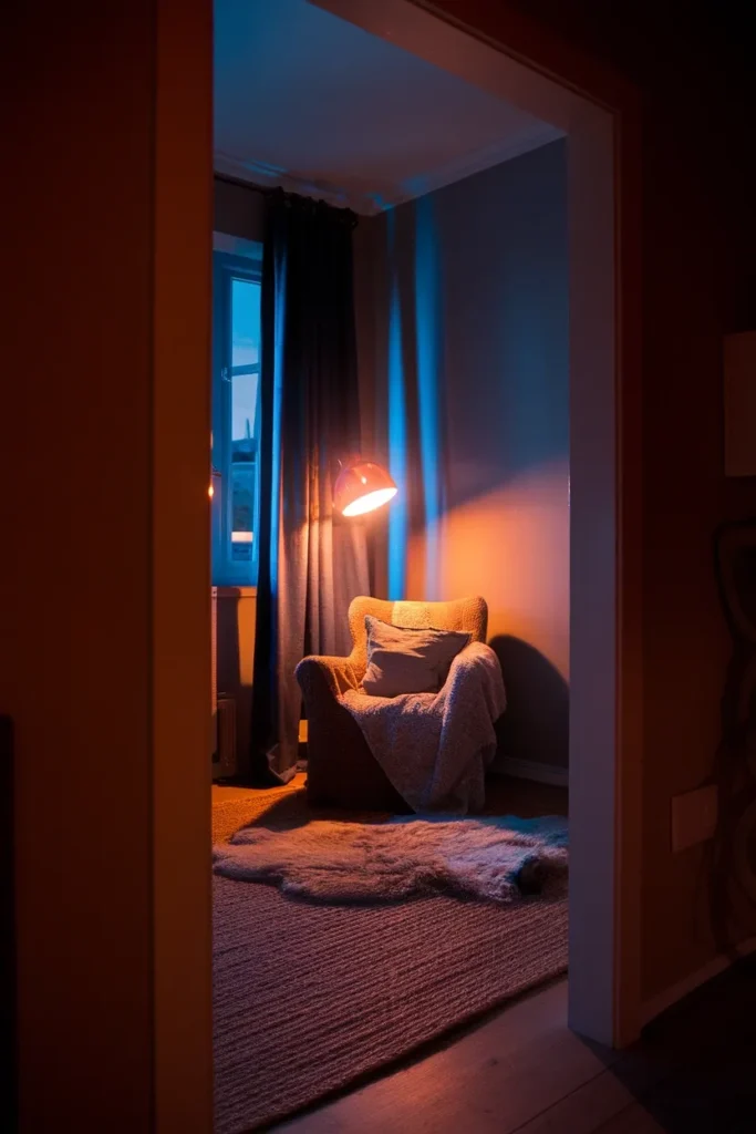 Doorway view of a dim corner lit by one warm 2700K floor lamp at dusk.