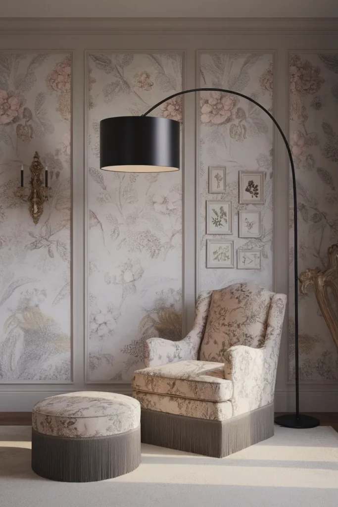 Doorway view of a traditional room with one modern black floor lamp as the visual anchor.