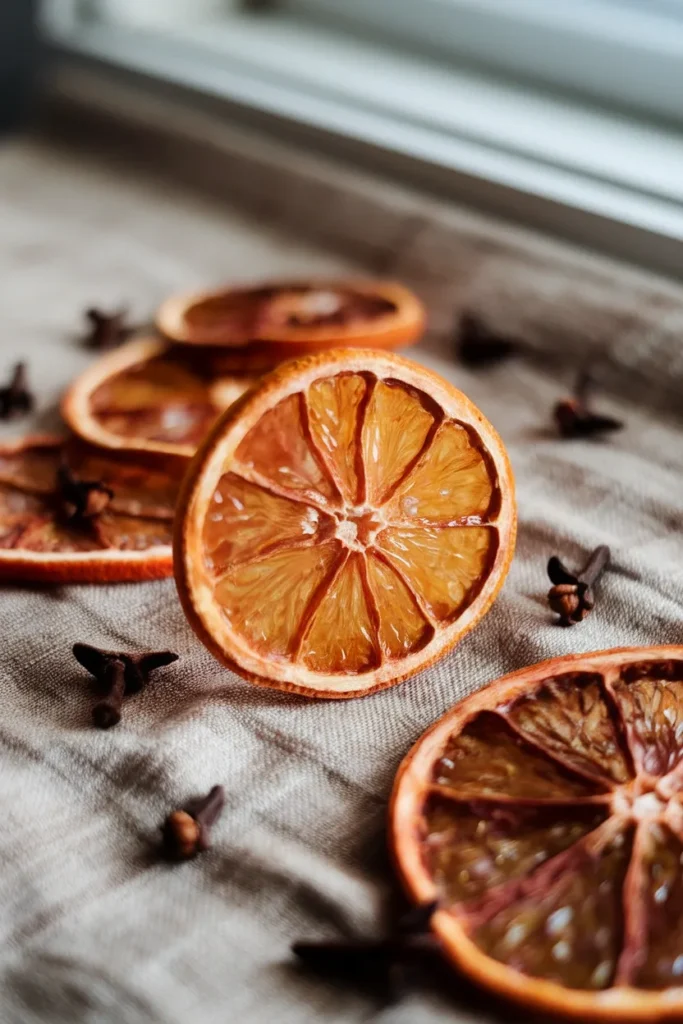 Dried orange slices and cloves on linen for cottagecore Christmas bedroom scent.