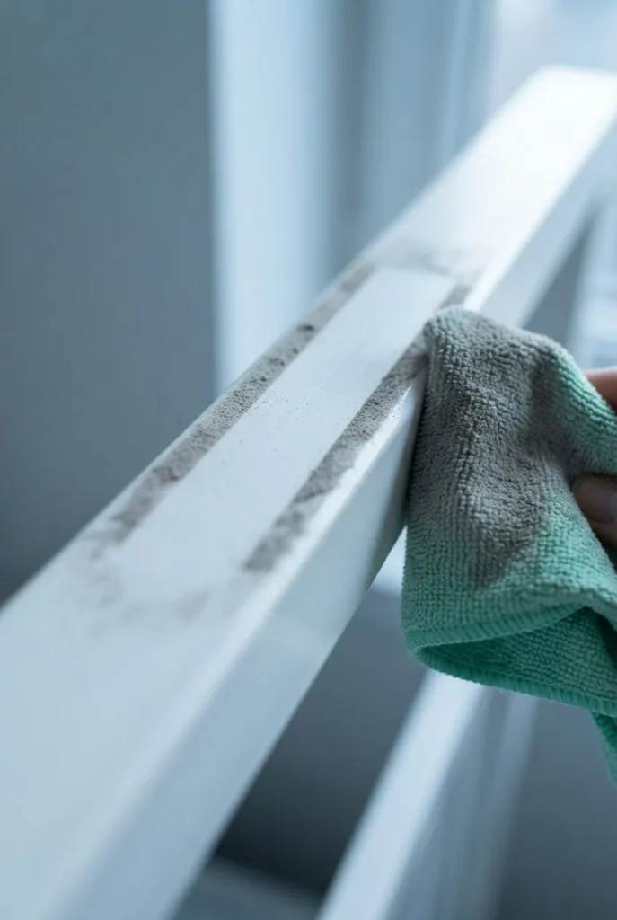 Dust line along the top of a bed canopy rail being wiped away with a microfiber cloth.