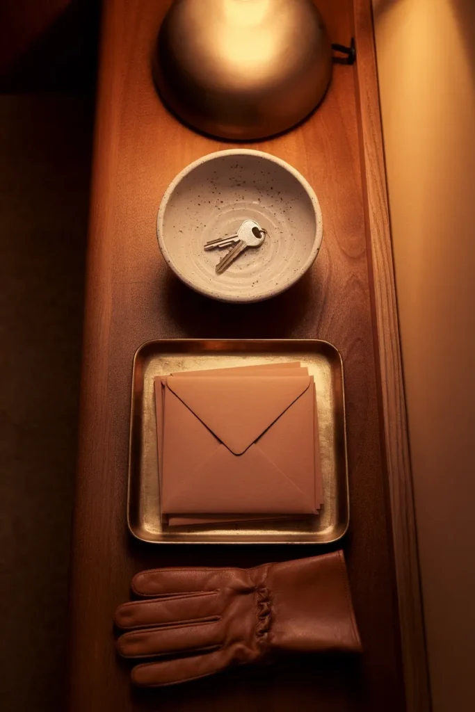Entryway drop zone with keys in a shallow ceramic bowl and mail in a brass tray.