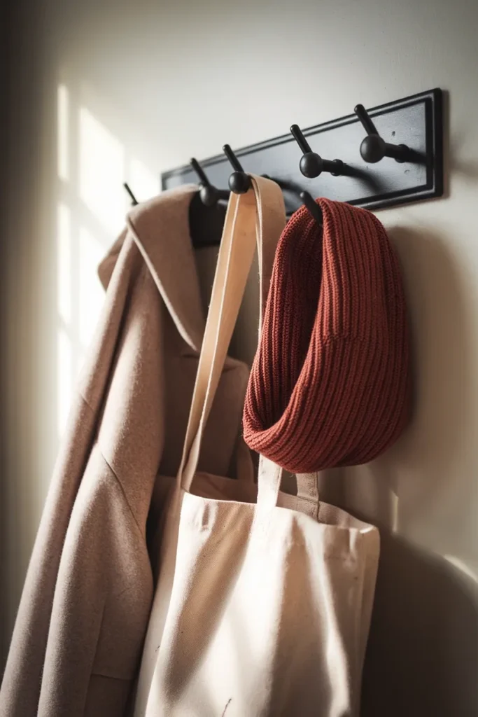 Entryway knob rack holding a wool coat, canvas tote, and scarf on a cream wall.