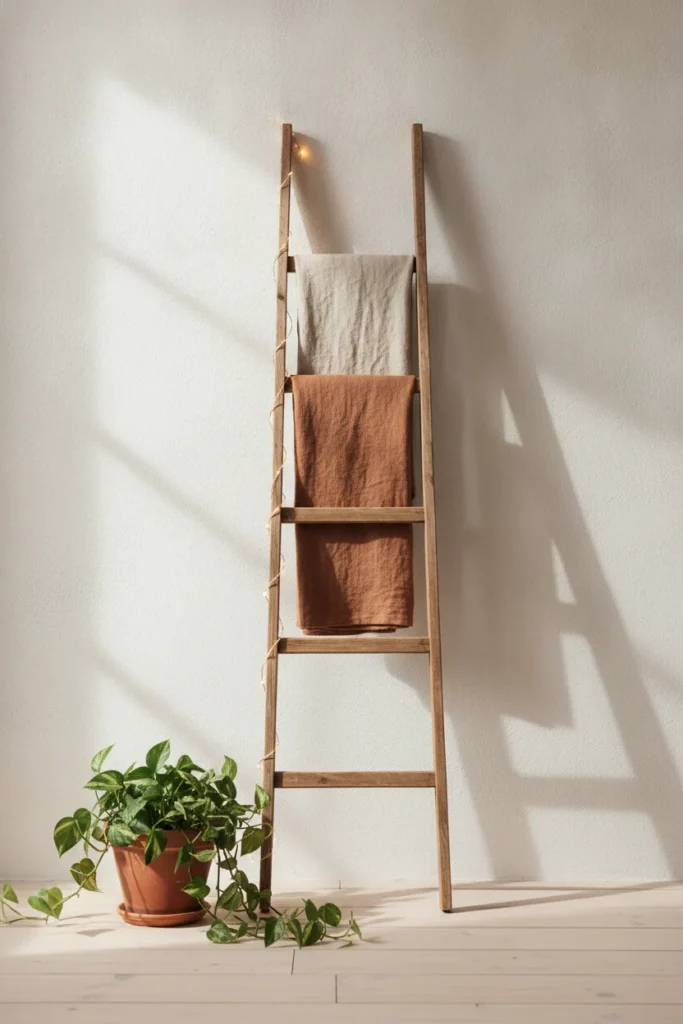 Fairy lights spiralling down a leaning wooden ladder holding linen throws in morning light.