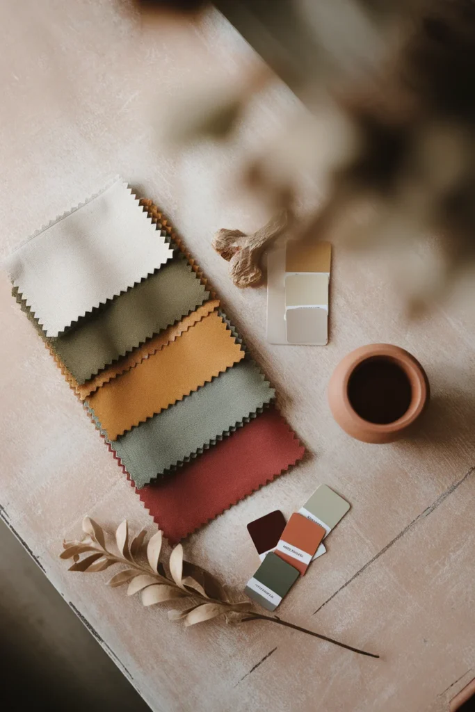 Fall cottagecore color palette swatches in olive, mustard, oxblood, and cream.