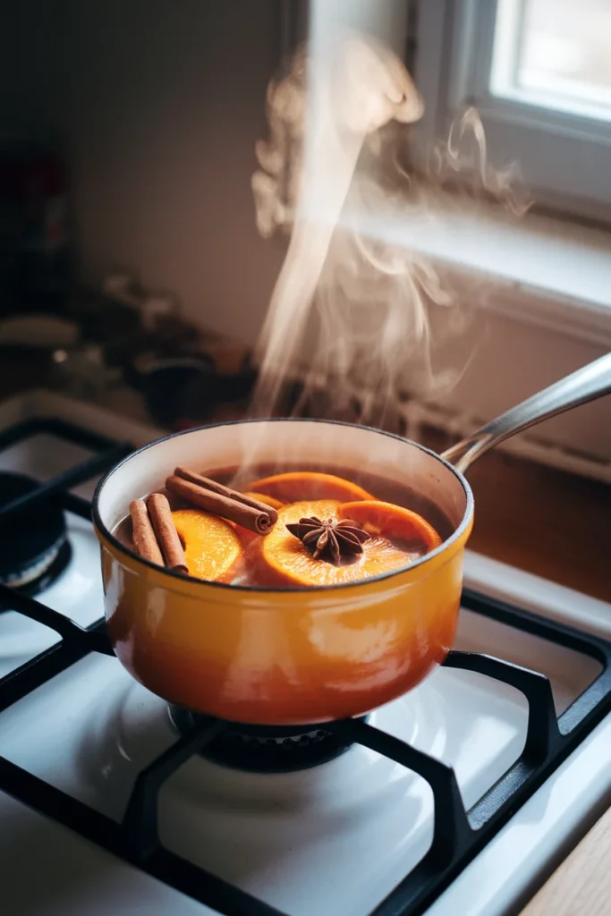 Fall simmer pot with orange slices and cinnamon on an apartment stove making the home smell like autumn.