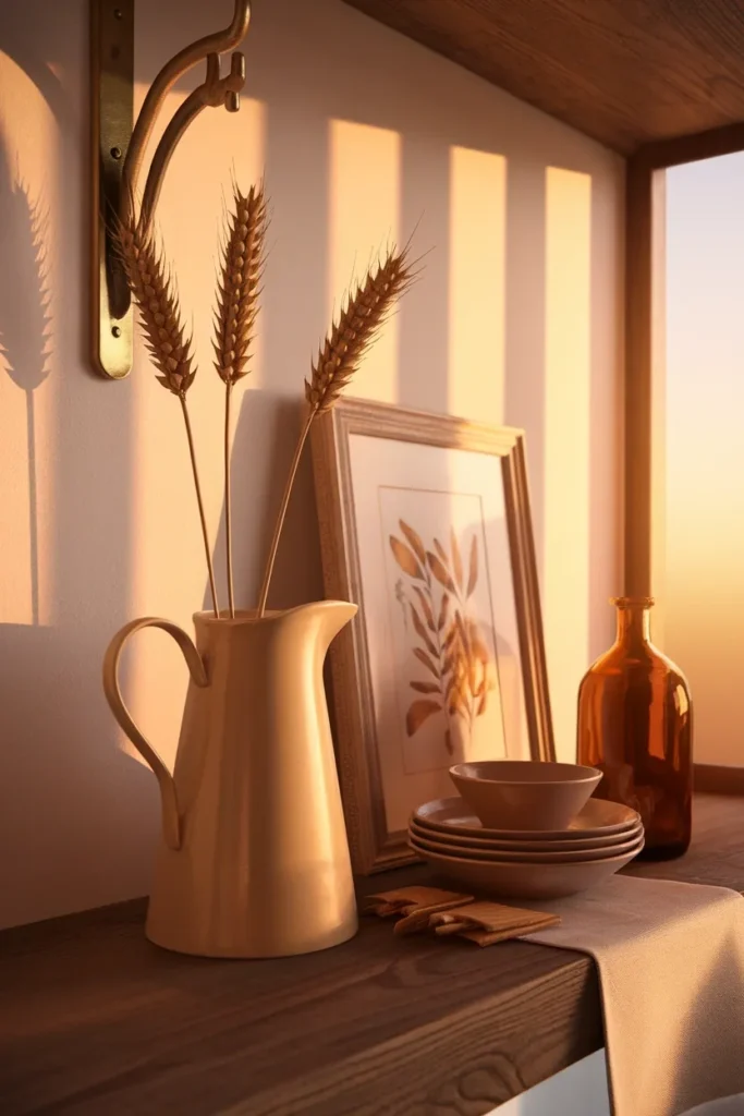 Farmhouse kitchen shelf with wheat stems, cream pitcher and stoneware in golden hour light.