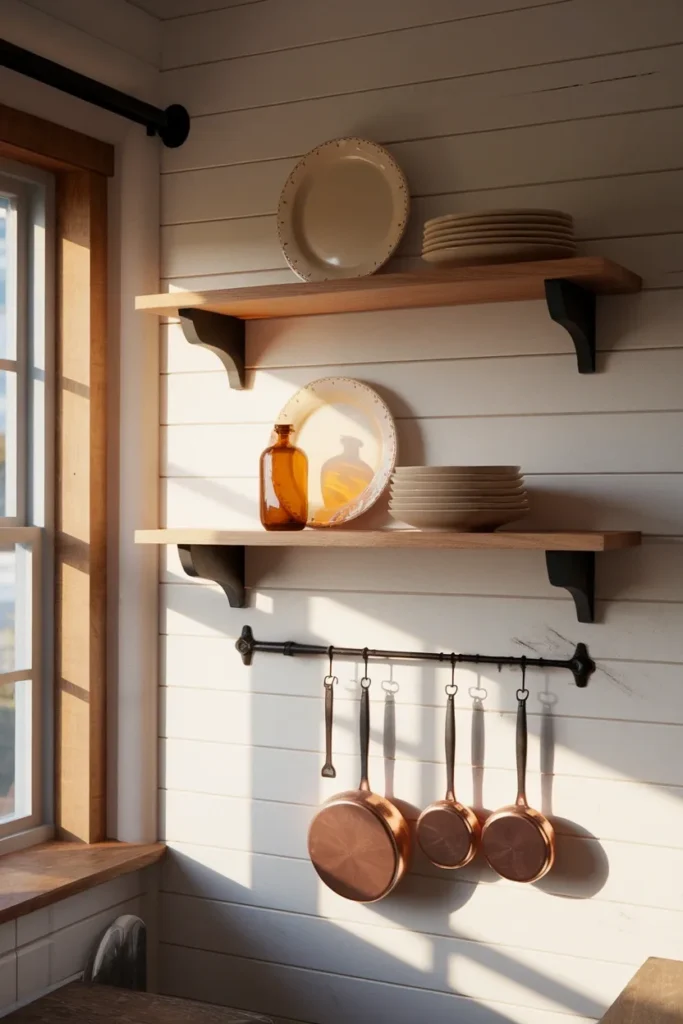 Farmhouse kitchen wall decor with oak shelves, ironstone plates and copper pans in morning light.