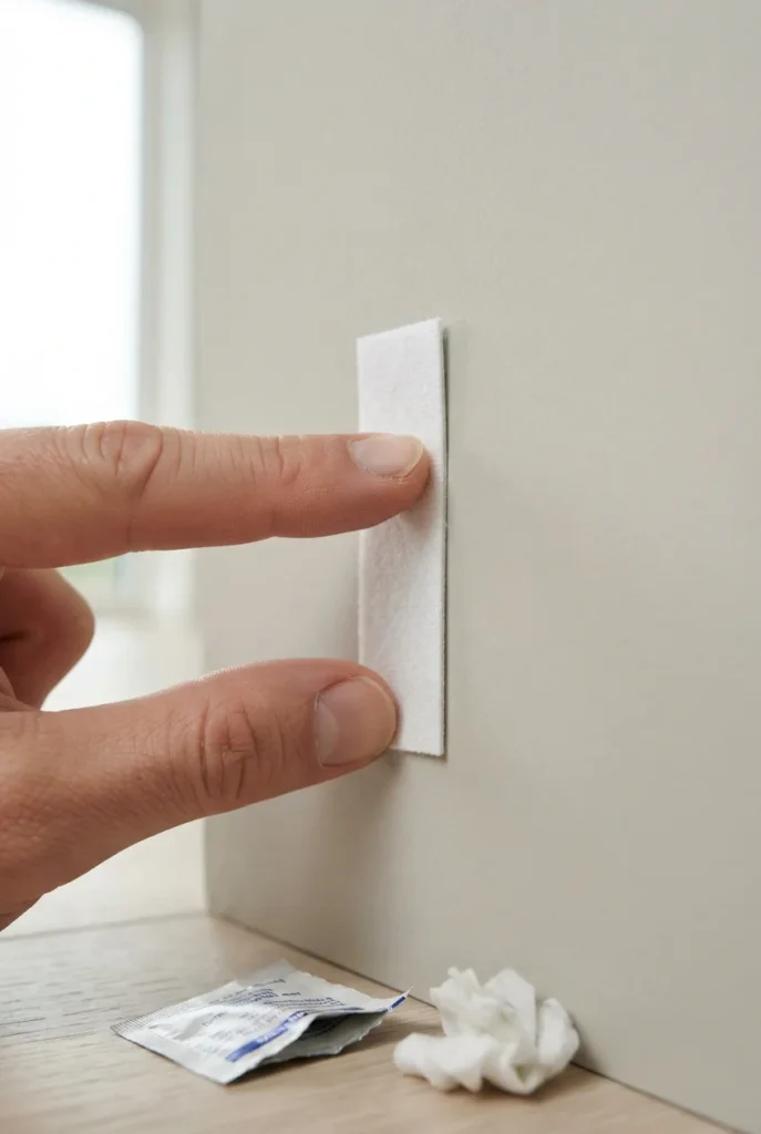 Fingers pressing an adhesive hanging strip onto a clean bedroom wall next to an alcohol wipe.