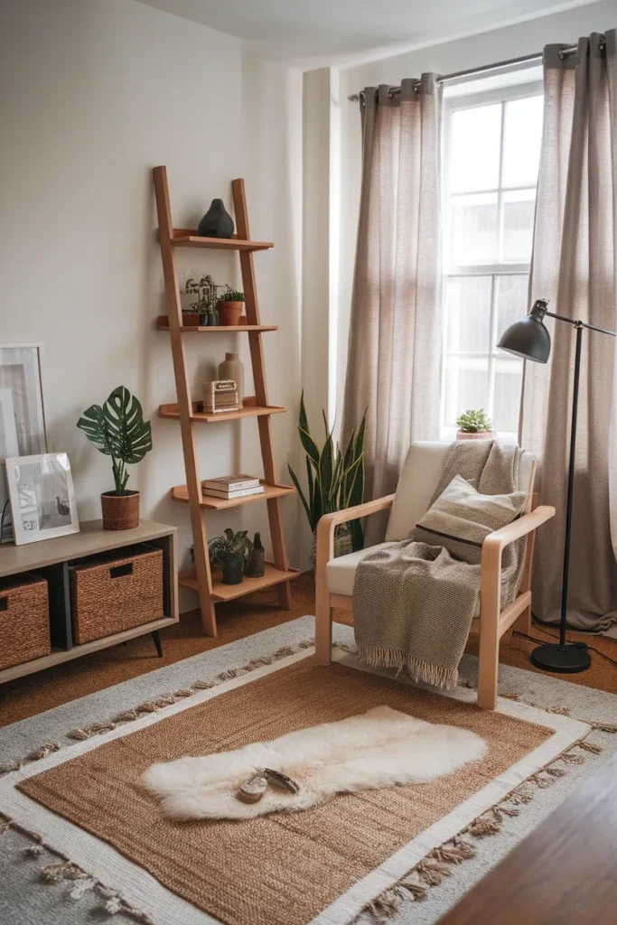 Finished cozy apartment decor scheme in daylight with armchair, layered rugs, ladder shelf, and curtains.