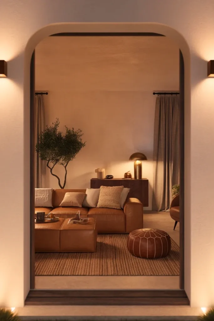 Finished warm neutral living room with cream walls, tan sofa, walnut console, and brass lamp.