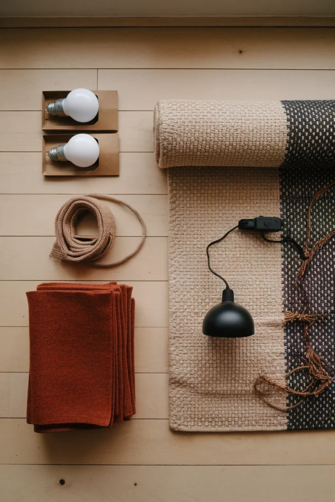 Five autumn bedroom decor items laid flat on oak floor bulbs, rug, wall lamp, throw, curtains.
