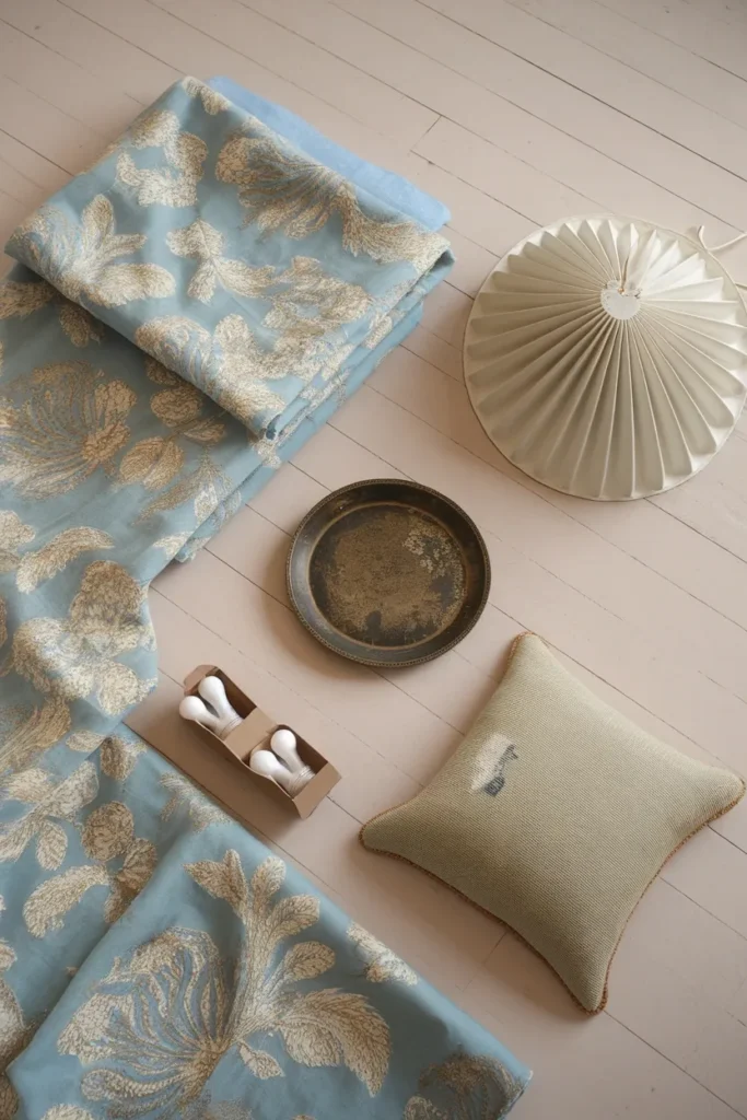 Five grandmillennial decor essentials laid out flat floral fabric, pleated shade, brass, needlepoint.