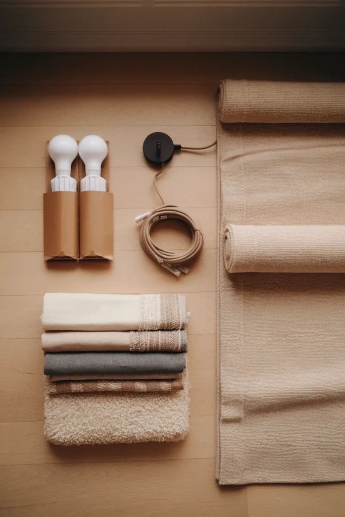 Five renter friendly apartment decor items laid out warm bulbs, sconce, rug, textiles, curtain rod.