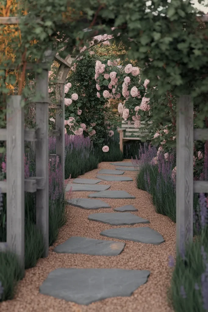 Flagstone and gravel cottage garden path curving through pink roses toward a wooden bench.