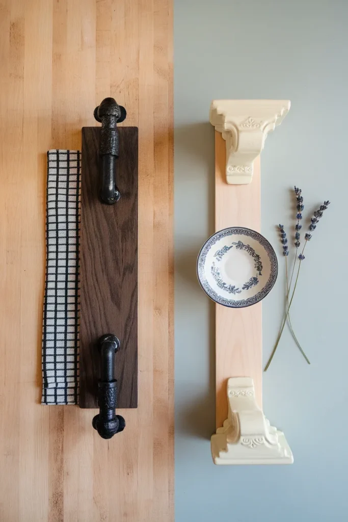 Flat lay comparing black iron farmhouse shelf brackets with white cottage corbels and transferware.