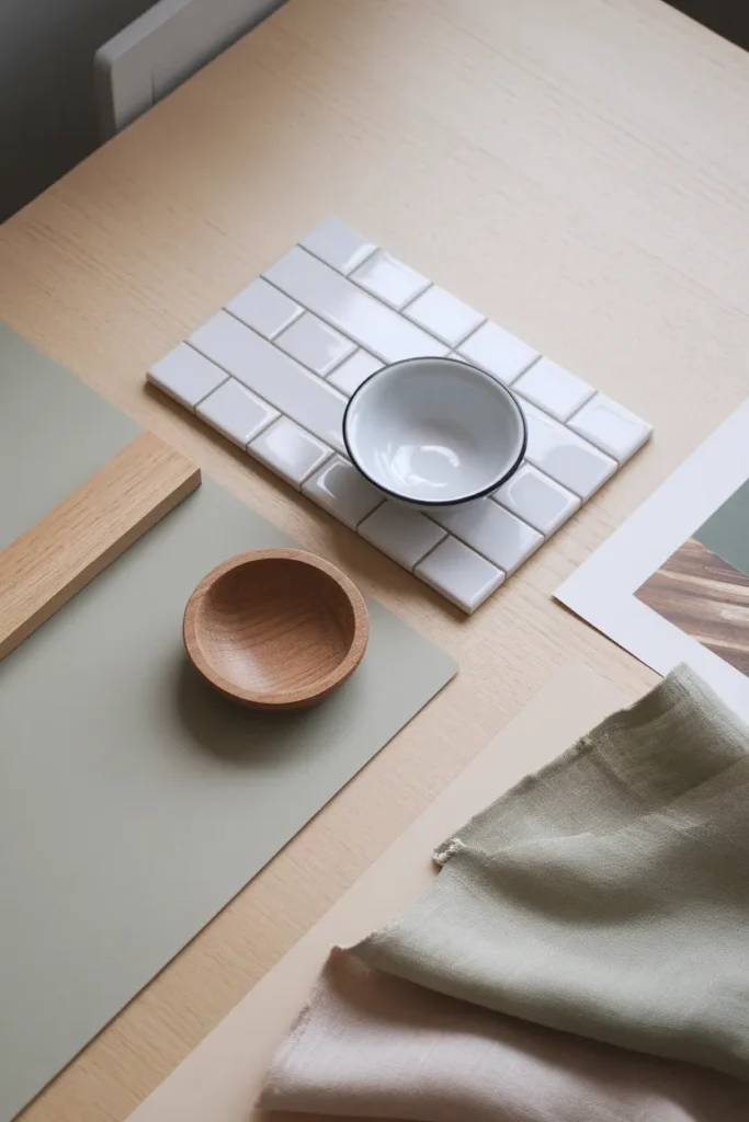 Flat lay comparing tile, enamel, wood, paper and linen for kitchen wall decor durability.