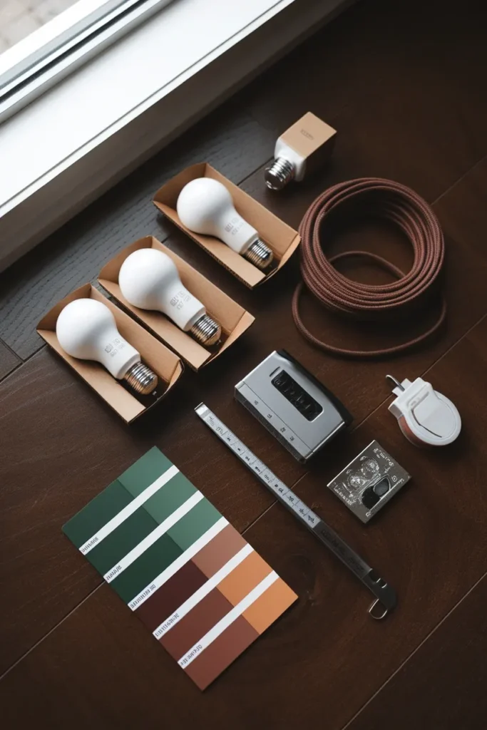 Flat lay of 2700K bulbs, plug-in dimmer, tape measure and green and oxblood paint chips on wood floor.