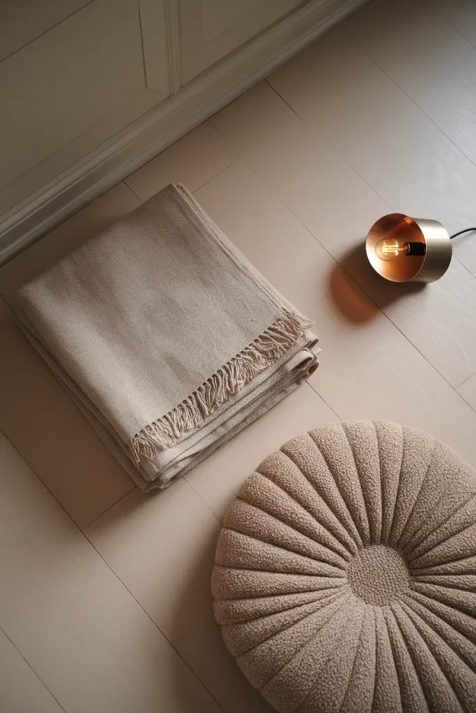 Flat lay of a linen throw, brass lamp, and boucle cushion, the three cozy home office basics.