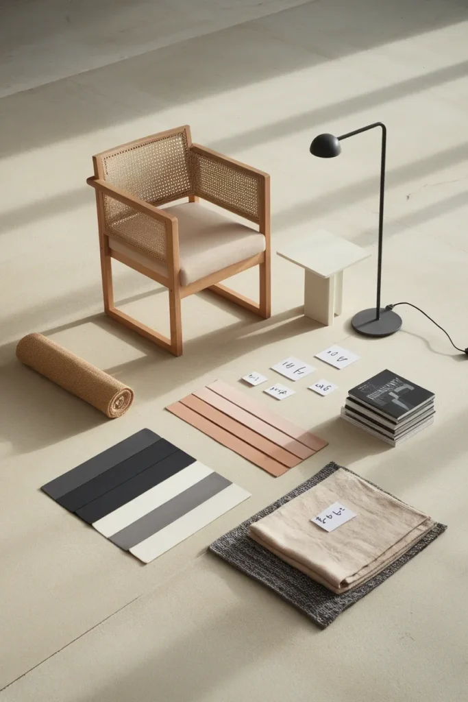 Flat lay of an armchair frame, side table, floor lamp and throw laid out as a budget reading nook build.