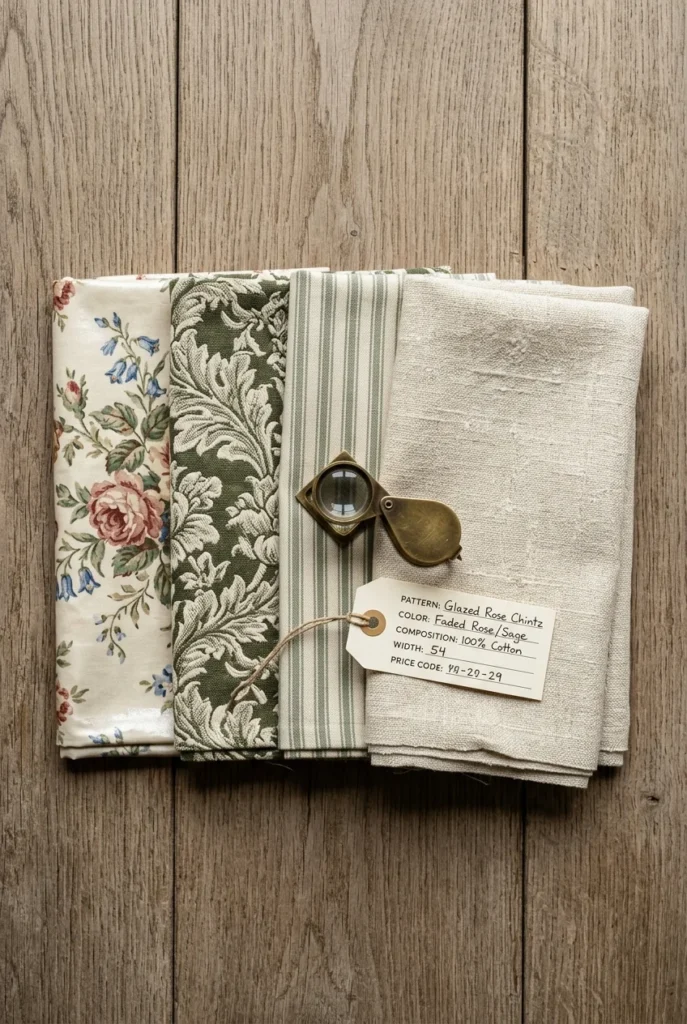 Flat lay of chintz and woven floral upholstery swatches with a brass loupe and fabric tag.