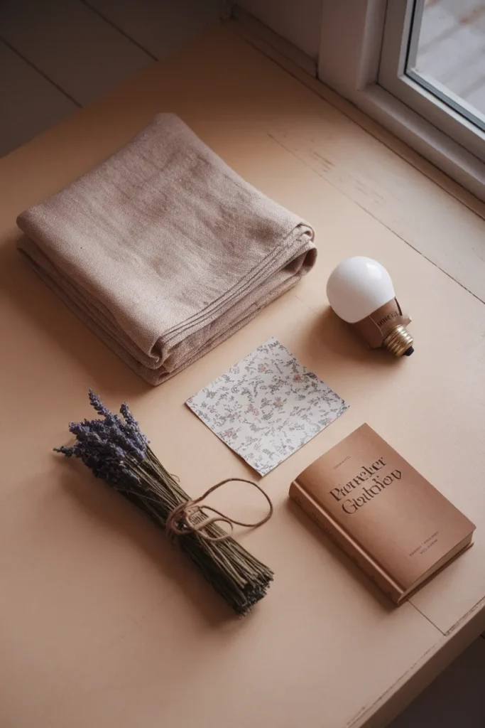 Flat-lay of cottagecore room essentials linen throw, floral wallpaper, warm bulb, dried lavender, old book.