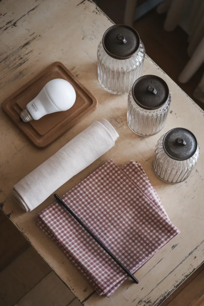 Flat lay of five renter friendly vintage kitchen swaps including glass canisters and cafe curtain.