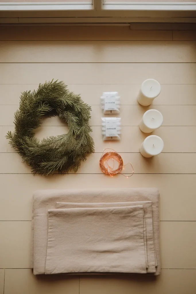 Flat lay of five supplies for a cottagecore Christmas bedroom on a pale wood floor.