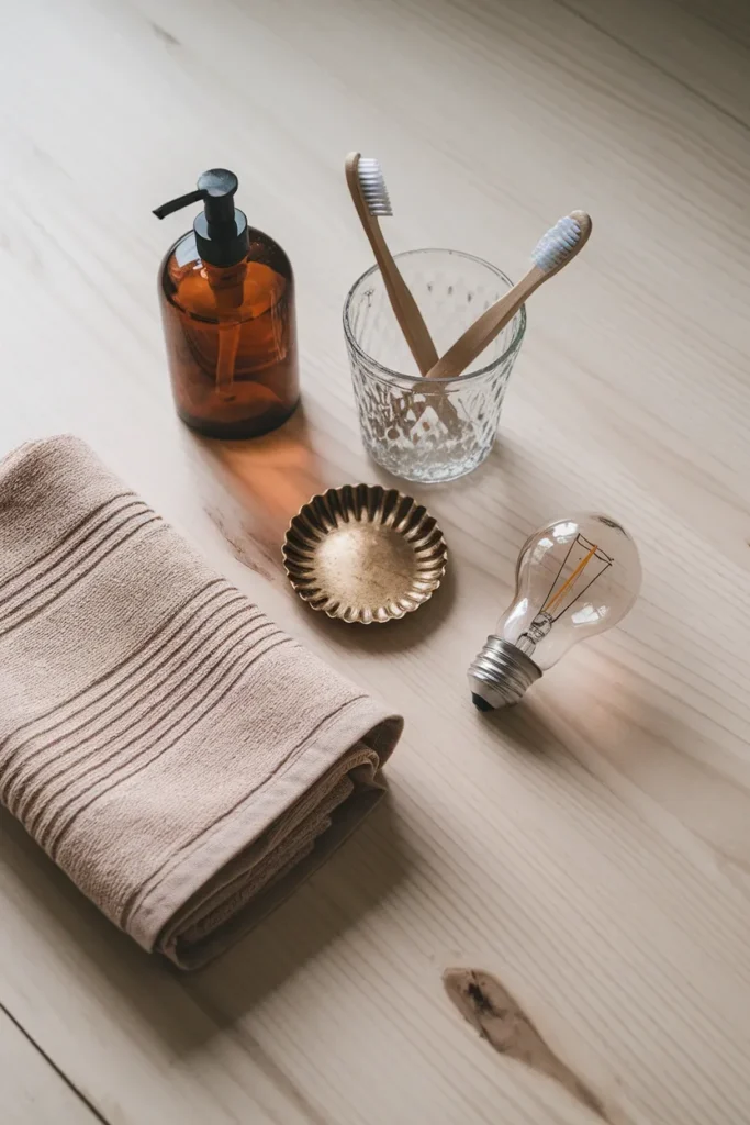 Flat lay of five vintage bathroom accessories glass dispenser, tumbler, brass tray, linen towel, warm bulb.