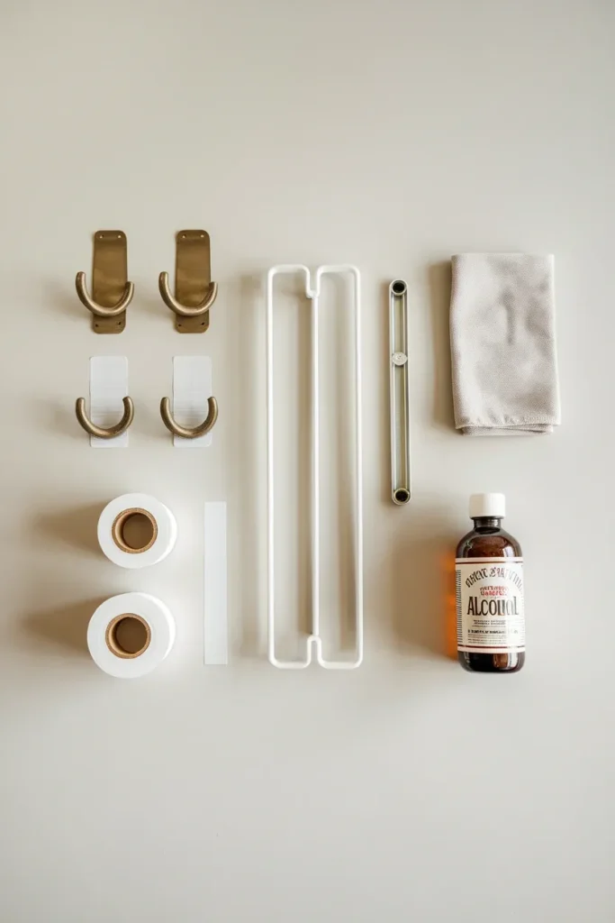 Flat lay of no-drill renter install supplies adhesive hooks, tension rod, level, and cleaning cloth.