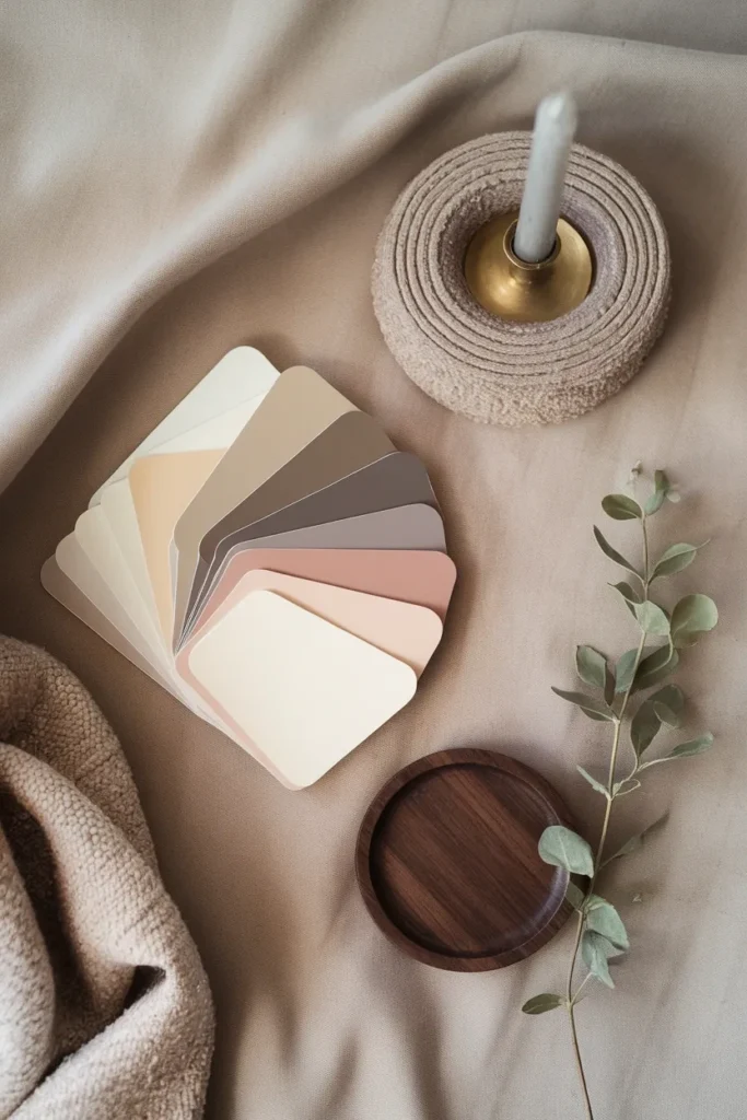Flat lay of oatmeal and clay paint chips with boucle, brass candlestick and eucalyptus on gray linen.