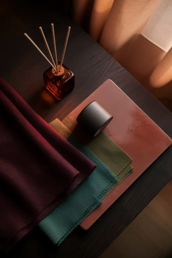 Flat lay of plum wool, jade linen, and persimmon tile swatches with an amber reed diffuser.