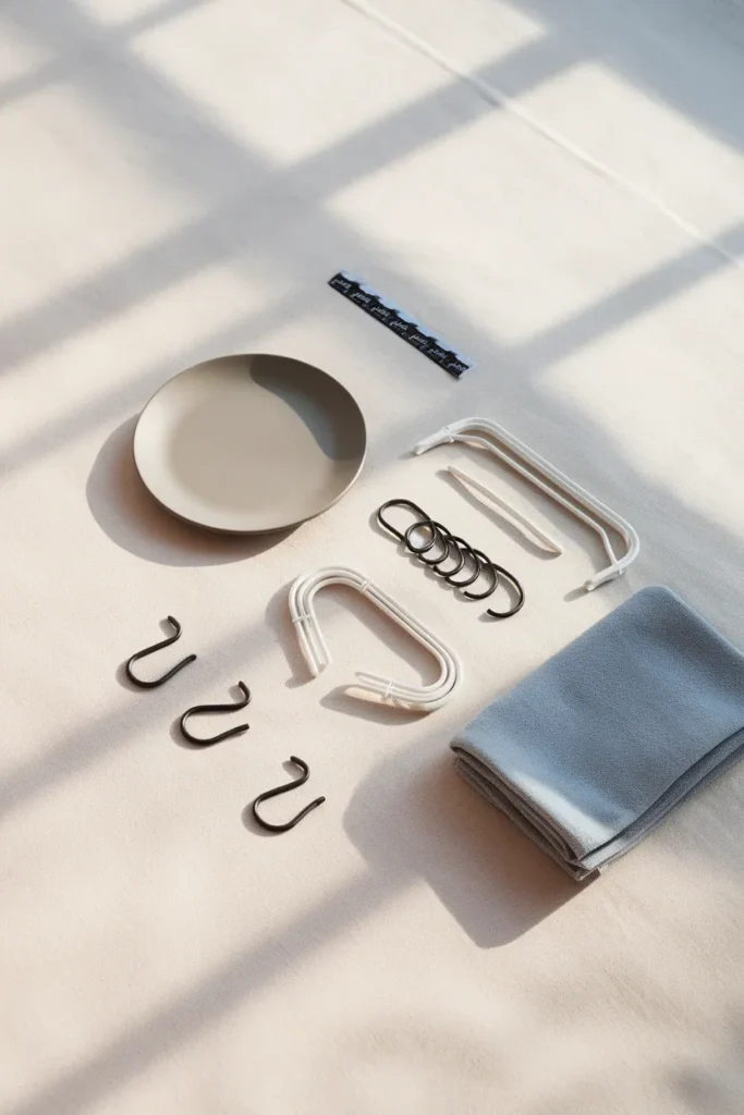 Flat lay of renter-friendly no-drill hanging supplies including adhesive strips and a tension rod.