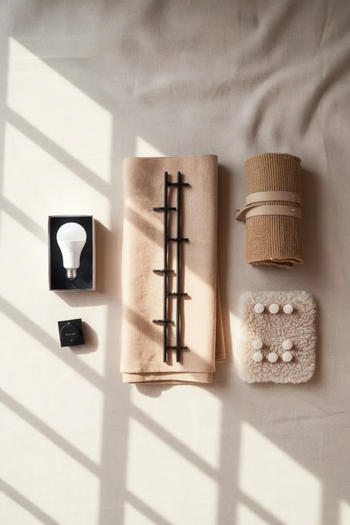 Flat lay of renter texture kit with LED bulb, tension rod curtain, jute rug and hooks.