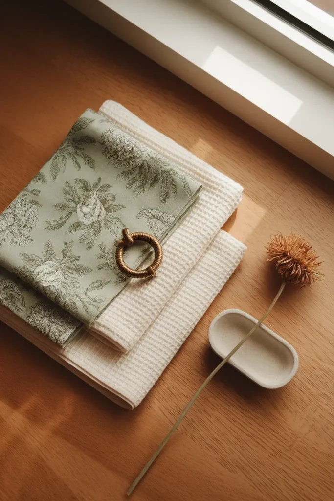 Flat lay of sage floral fabric, cream towels and brass ring showing a bathroom color formula. Floral Bathroom Decor