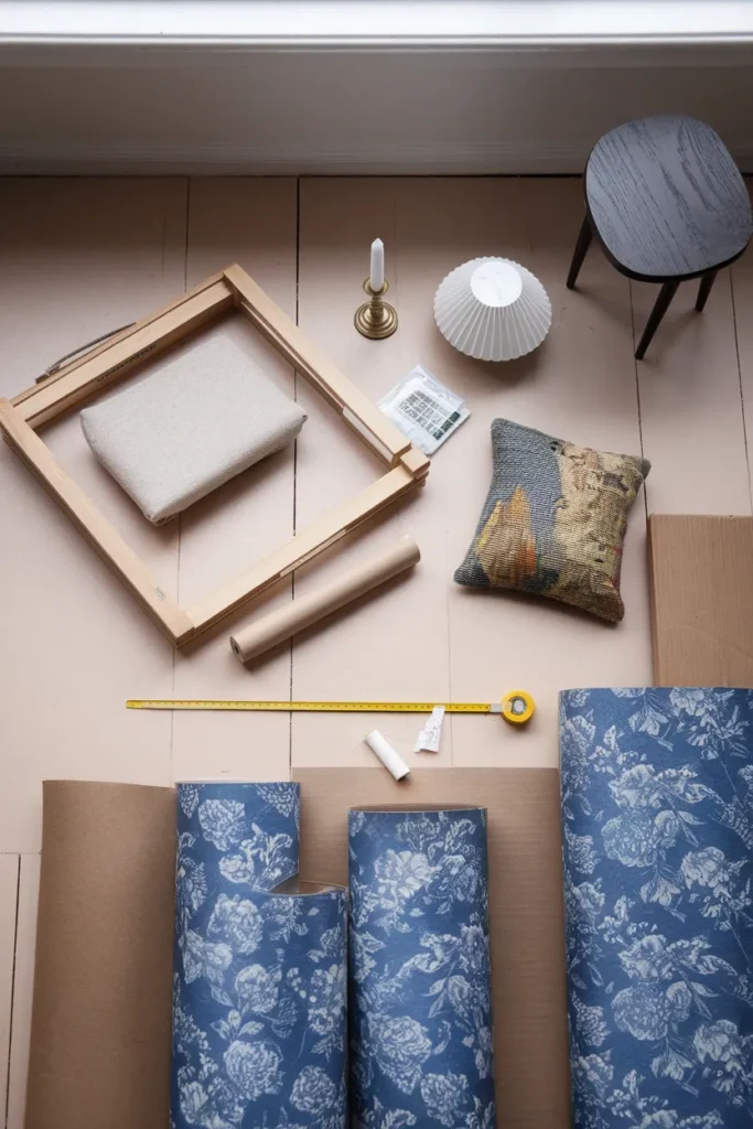 Flat lay of seven items for a $397 grandmillennial reading corner with a tape measure at 18 inches.