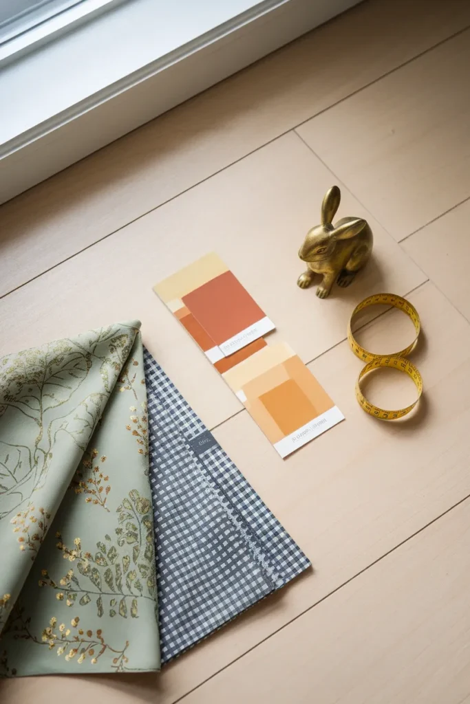Flat-lay of the 3-2-1 whimsy formula three pattern scales, two repeating colors, one brass rabbit.