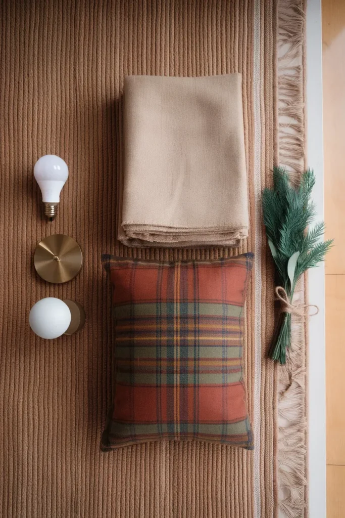 Flat lay of the three layer rule warm bulb, wool throw and plaid pillow, cedar sprig on jute rug.