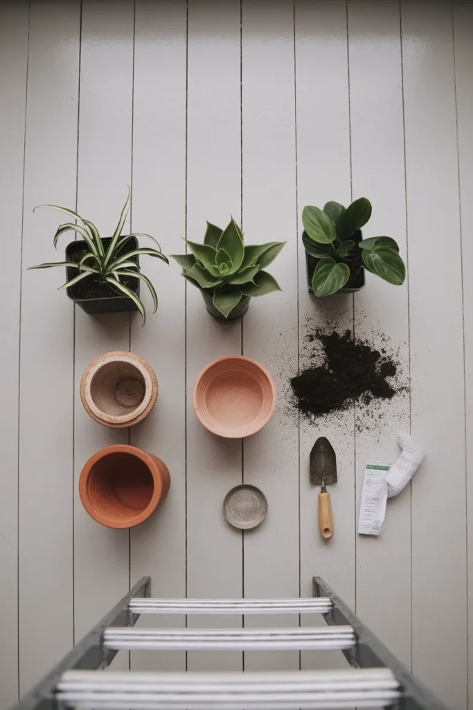 Flat lay of three nursery plants, terracotta pots, and a receipt for a budget bathroom plant setup.