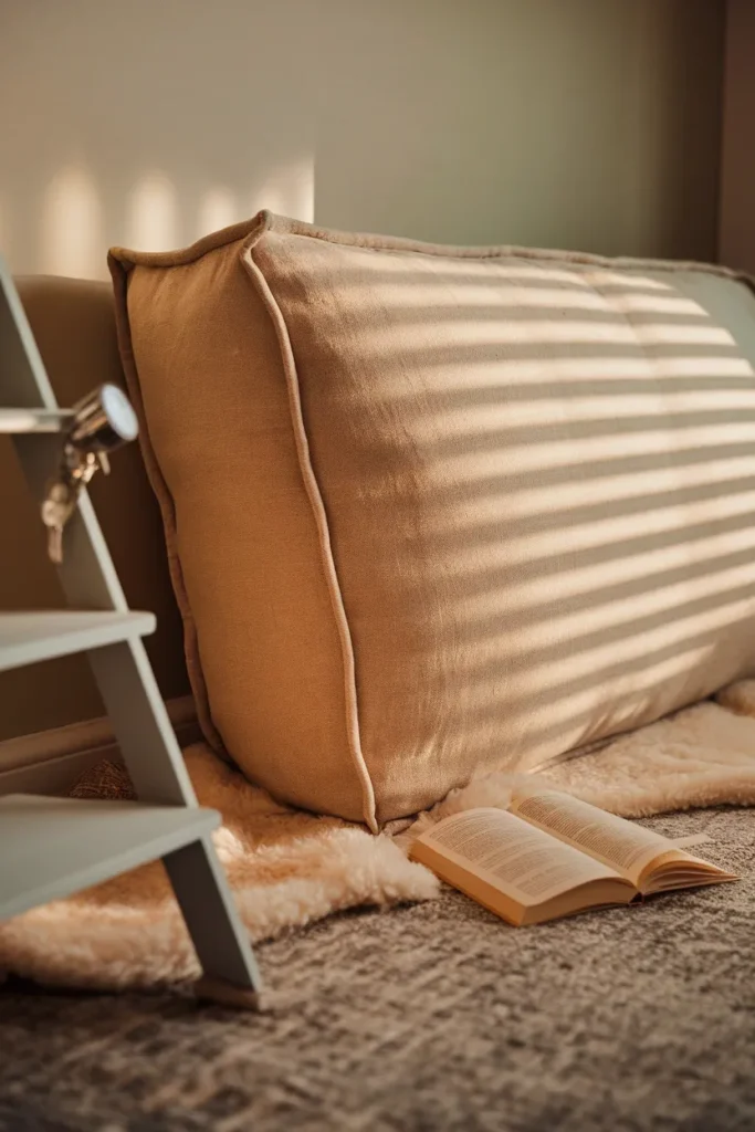 Floor cushion reading corner with a bolster and clip-on light in a small bedroom corner.