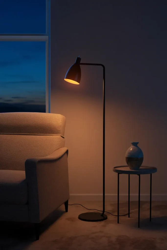 Floor lamp positioned below eye level beside a reading chair at blue hour in a small apartment.